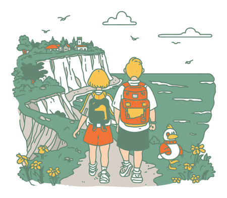 This illustration showcases two children hiking along a coastal path, surrounded by vibrant nature and wildlife, offering a joyful outdoor adventure scene.のイラスト素材