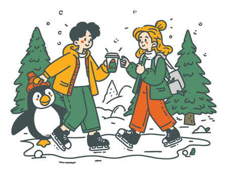 Enjoy a whimsical winter scene featuring two friends ice skating with a penguin. Surrounded by snow-covered trees, they share a moment with warm drinks, emphasizing friendship and fun.のイラスト素材