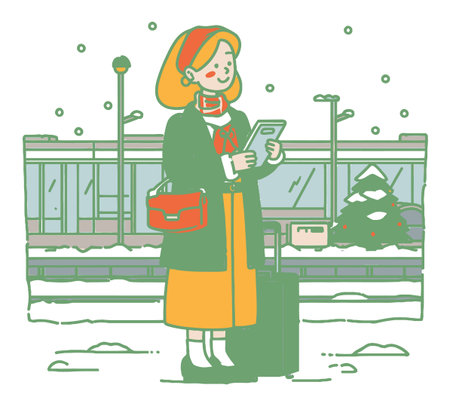 A charming illustration of a woman standing at an airport, holding a smartphone and suitcase, surrounded by a winter snow scene, perfect for travel themes.のイラスト素材