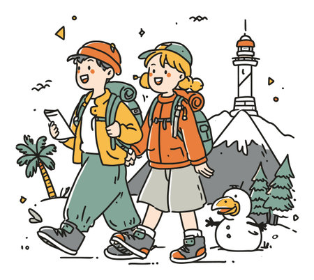 Two cheerful kids enjoying a winter hike, dressed warmly with backpacks, surrounded by snowy mountains, trees, and a friendly snowman, perfect for outdoor exploration themes.のイラスト素材