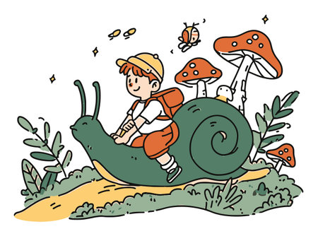 A delightful illustration of a child riding a giant snail through a vibrant forest filled with mushrooms and butterflies, showcasing a whimsical adventure in nature.のイラスト素材