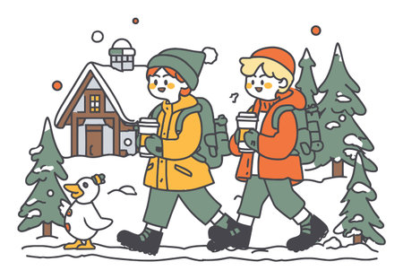 Two cheerful children stroll through a snowy landscape, sipping coffee amidst trees and a cozy cottage, embodying winter joy and outdoor fun.のイラスト素材