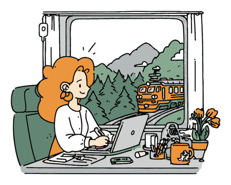 A cheerful woman with orange hair works on her laptop while enjoying a scenic view of mountains and forests through the train window, showcasing a cozy workspace.のイラスト素材