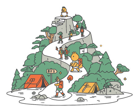 Discover a vibrant illustration of a mountainous adventure featuring hikers, trees, and tents, capturing the spirit of outdoor exploration and nature enjoyment.のイラスト素材