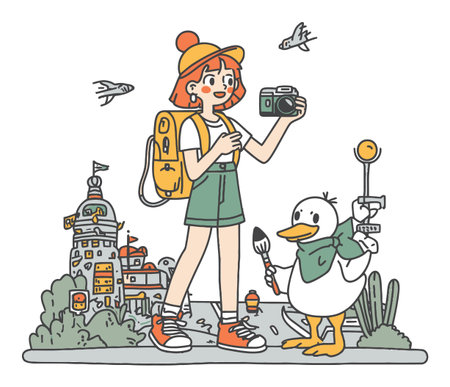 Colorful vector illustration of a young woman with a camera alongside a cheerful duck. Perfect for themes of travel, adventure, and urban exploration.のイラスト素材