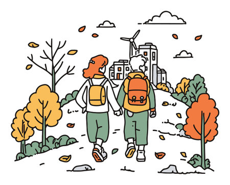 A vector illustration of a couple walking hand in hand through an autumn landscape. The scene features colorful trees, a winding road, and a distant city with a wind turbine.のイラスト素材
