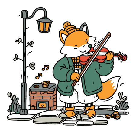 Adorable illustration of a fox playing a violin in an urban setting, featuring a lamp post and a cozy atmosphere. Perfect for children's art or creative projects.のイラスト素材