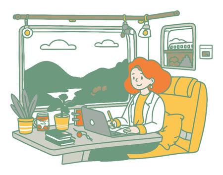 A cozy workspace inside a train features a woman with orange hair working on her laptop. The scenic mountain view through the window enhances the creative atmosphere.のイラスト素材