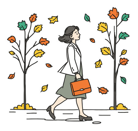 A stylish woman strolls through an autumn landscape, surrounded by colorful falling leaves and trees. She carries a briefcase, showcasing professionalism and elegance.のイラスト素材