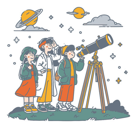 A vibrant vector illustration depicting children stargazing through a telescope. They explore the night sky, observing planets and stars, encouraging curiosity and teamwork.のイラスト素材
