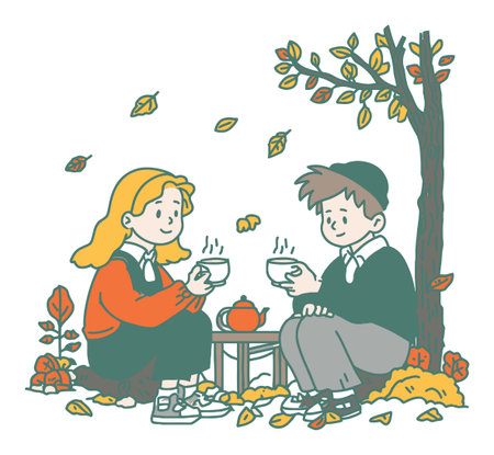 Enjoy a delightful autumn scene where two friends share tea in nature, surrounded by falling leaves and warm colors that evoke a cozy atmosphere.のイラスト素材