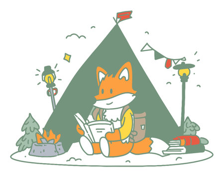 Adorable illustration of a fox reading a book in a cozy outdoor setting. Perfect for nature lovers and camping enthusiasts seeking whimsical art.のイラスト素材