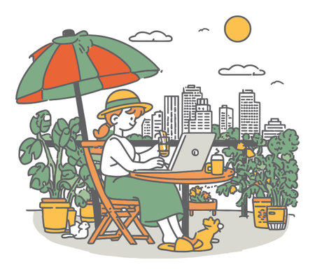 A woman enjoys working on her laptop under an umbrella in a vibrant urban garden. Surrounded by plants and city views, she relaxes with a drink.のイラスト素材