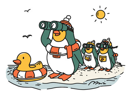 This vibrant flat vector illustration features playful penguins using binoculars on a sunny beach adventure. Perfect for playful summer themes, this artwork captures the joy of family fun.のイラスト素材