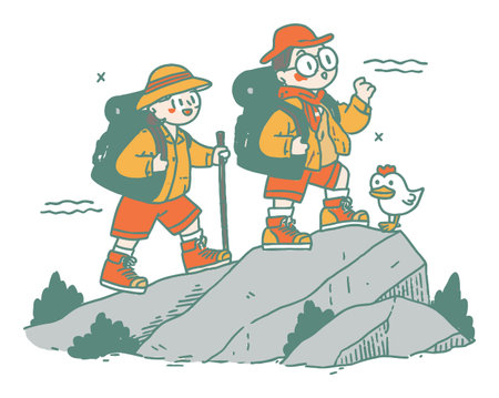 Two cheerful children embark on an exciting hiking adventure amidst nature, equipped with backpacks and exploring the outdoors, alongside a curious chicken.のイラスト素材