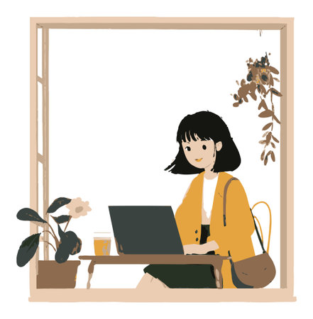 This cozy illustration showcases a young woman working on her laptop by a window, surrounded by plants and a drink, perfect for a warm and inviting home office vibe.のイラスト素材