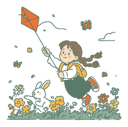A delightful illustration of a girl joyfully flying a kite with a playful rabbit in a vibrant garden filled with flowers and butterflies.のイラスト素材