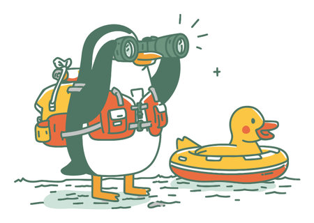 This charming flat vector illustration features a cartoon penguin with binoculars, ready to explore a beach scene beside a playful duck float. Perfect for summer themes!のイラスト素材