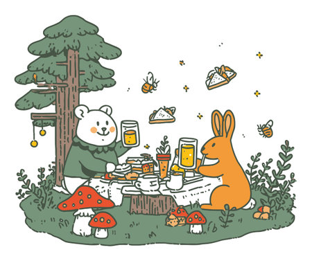 Enjoy a charming picnic scene featuring a bear and rabbit in nature, surrounded by trees, mushrooms, and playful bees. Perfect for cheerful themes.のイラスト素材