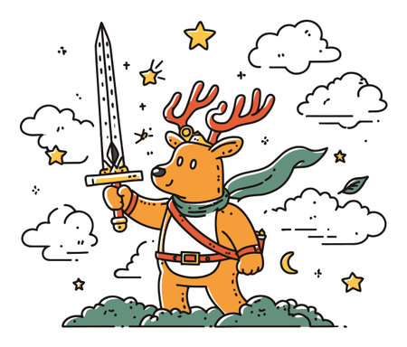 This charming illustration features a brave deer wielding a sword amidst whimsical clouds and stars. Ideal for creative projects, it evokes themes of adventure and imagination.のイラスト素材