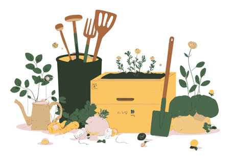 Bright and cheerful vector illustration featuring essential gardening tools, plants, and vegetables, perfect for nature lovers and gardening enthusiasts.のイラスト素材