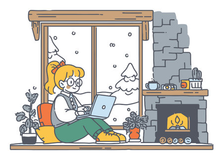 A charming vector illustration of a character working on a laptop by a cozy fireplace. Snow falls outside the window, creating a warm indoor atmosphere.のイラスト素材