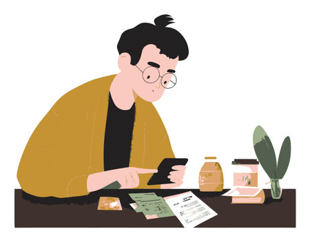 A charming illustration of a young person focused on a smartphone at a minimalist workspace. The scene captures elements of modern productivity and casual living, perfect for lifestyle themes.のイラスト素材