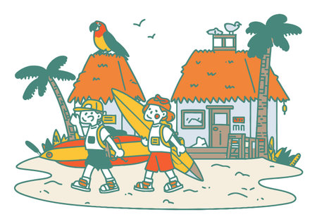 Two joyful kids walk on the beach carrying surfboards, ready for a fun day of adventure. A parrot and tropical scenery enhance this vibrant summer illustration.のイラスト素材