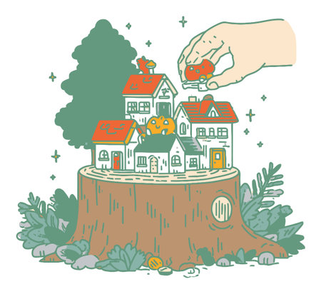 This whimsical illustration features a quaint house on a tree stump, with a hand adding fruit, embodying a playful and eco-friendly vibe. Perfect for nature lovers.のイラスト素材