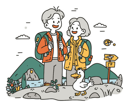 A cheerful couple stands in a scenic landscape, ready for an adventure in nature. With their backpacks and a friendly duck nearby, they embody joy and exploration.のイラスト素材