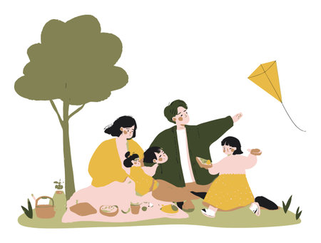 Vibrant illustration of a happy family enjoying a picnic outdoors, featuring children flying a kite. Discover moments of joy and togetherness in nature.のイラスト素材