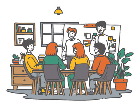 This flat vector illustration depicts a diverse group of professionals engaged in a collaborative meeting, showcasing teamwork and creativity in a modern office setting.のイラスト素材