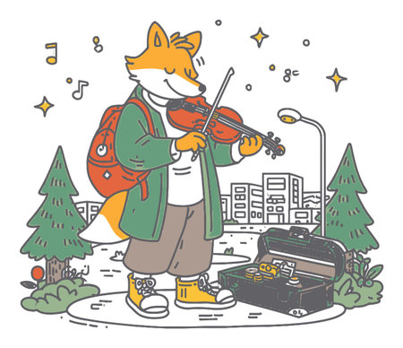 Cheerful fox character plays the violin in an urban park, surrounded by trees and stars. Perfect for designs focused on music, nature, and urban life.のイラスト素材