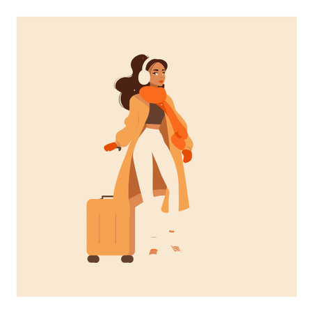 A fashionable cartoon woman embraces winter in a cozy outfit, complete with a stylish coat, gloves, and headphones, standing with her suitcase ready for travel.のイラスト素材