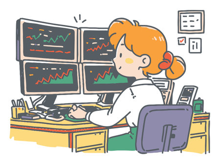 A young woman focused on analyzing stock market trends with multiple computer monitors in a modern office setting. Ideal for financial illustrations.のイラスト素材