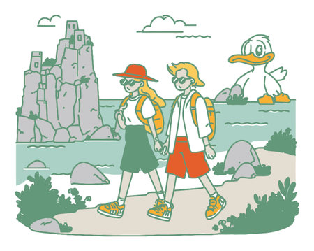 Enjoy a lighthearted illustration of two friends walking by the coastline, accompanied by a playful cartoon duck, capturing the essence of adventure and relaxation in summer travel.のイラスト素材