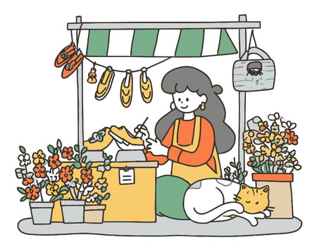 Charming illustration of a woman at a market stall selling flowers and handmade items, featuring a relaxing cat. Perfect for depicting creativity and cozy outdoor lifestyles.のイラスト素材