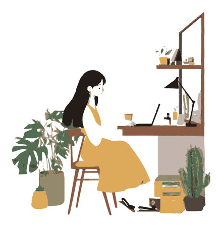 This charming illustration depicts a woman working at her desk in a serene home office, surrounded by lush houseplants, emphasizing productivity and relaxation.のイラスト素材