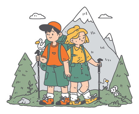 Two cartoon hikers stand in front of a mountain backdrop, ready for adventure. Dressed in outdoor gear, they embody the spirit of nature exploration and friendship.のイラスト素材