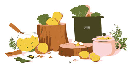 A vibrant vector illustration featuring fresh vegetables and natural elements, showcasing a rustic kitchen scene. Perfect for food-related designs and projects.のイラスト素材