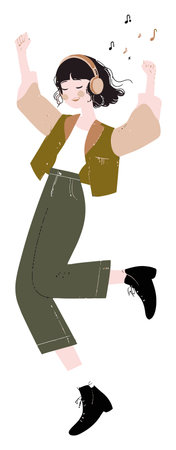 A vibrant illustration of a young person joyfully dancing with headphones on. This stylish figure embodies happiness and energy, making it ideal for music and leisure themes.のイラスト素材