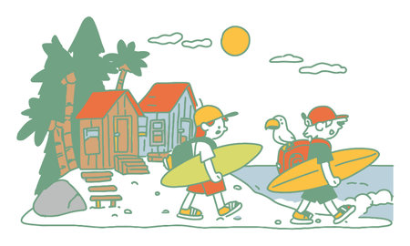 Playful illustration of two surfers carrying surfboards, walking towards the beach near palm trees and a vibrant house. Perfect for summer-themed projects.のイラスト素材
