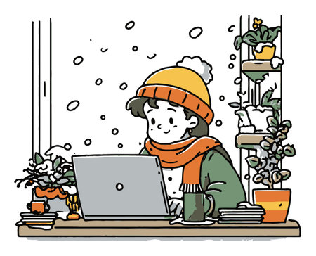 A charming illustration of a cozy winter workspace featuring a person using a laptop amidst plants and a snowy backdrop. Perfect for themes of comfort and creativity.のイラスト素材