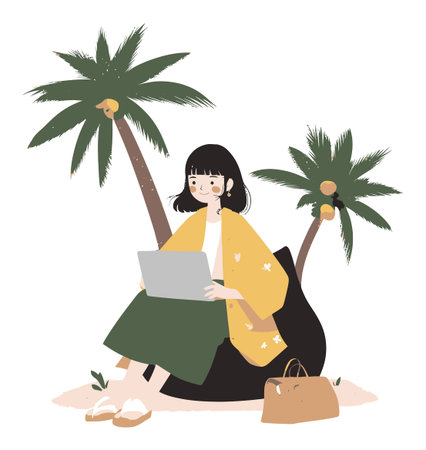 A stylish woman enjoys working on her laptop under palm trees in a tropical setting. This whimsical illustration captures the essence of remote work, relaxation, and modern lifestyle.のイラスト素材
