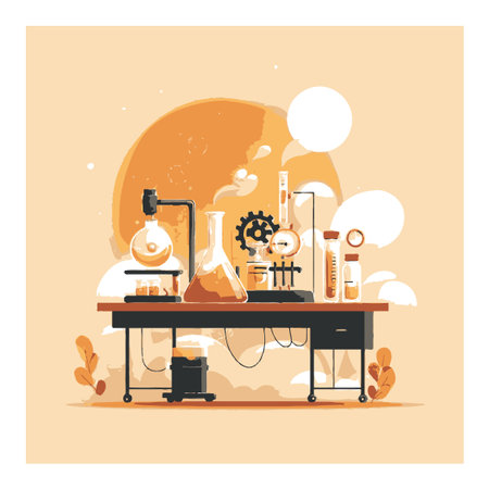 A vibrant cartoon illustration featuring a laboratory scene with flasks, beakers, and various scientific equipment on a stylish desk. Perfect for educational themes.のイラスト素材