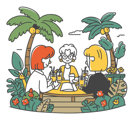 Three women gather around a table in a tropical setting, enjoying drinks under palm trees. This colorful flat vector illustration captures friendship, joy, and relaxation.のイラスト素材