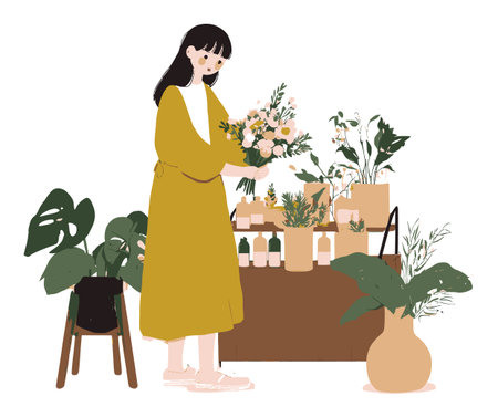 This illustration features a woman joyfully holding a bouquet in a cozy floral shop filled with vibrant plants and lovely decor, perfect for spring vibes.のイラスト素材