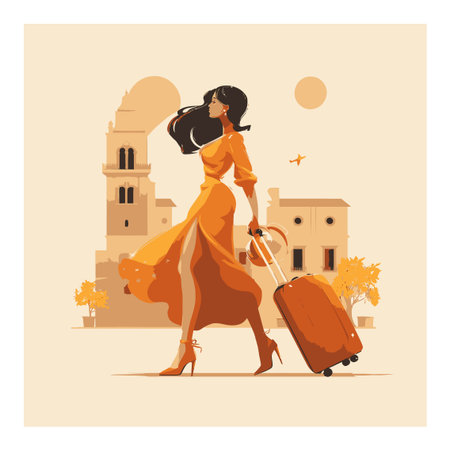 A fashionable woman in an orange dress walks confidently with a suitcase, embodying summer travel vibes in a sunny and vibrant destination setting.のイラスト素材