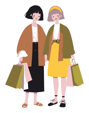 This illustration features two stylish women happily holding shopping bags, showcasing modern fashion and friendship. A vibrant, playful design perfect for fashion-related content.のイラスト素材