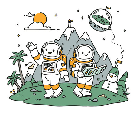 Whimsical illustration of two astronauts exploring a colorful landscape with mountains, a snowman, and a UFO, showcasing adventure and creativity in space.のイラスト素材